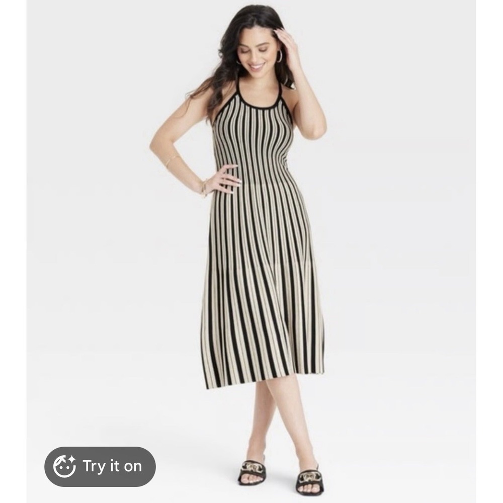 Black & Beige Striped Sleeveless Knit Midi Dress (XXL) Classy Old Money Preppy